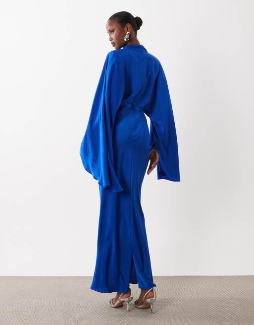 ASOS DESIGN - Koboltblå maxikjole i satin med ståkrave og overdrevne ærmer, 4 af 4