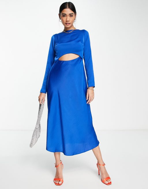 ASOS DESIGN - Koboltblå midikjole i satin med vandfaldsudskæring og bindebånd på ryggen