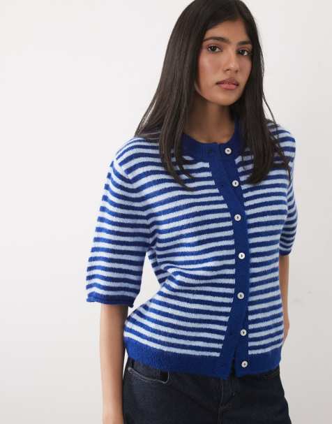 ASOS DESIGN - Koboltblå stribet og let cardigan med korte ærmer og afslappet pasform - view 1
