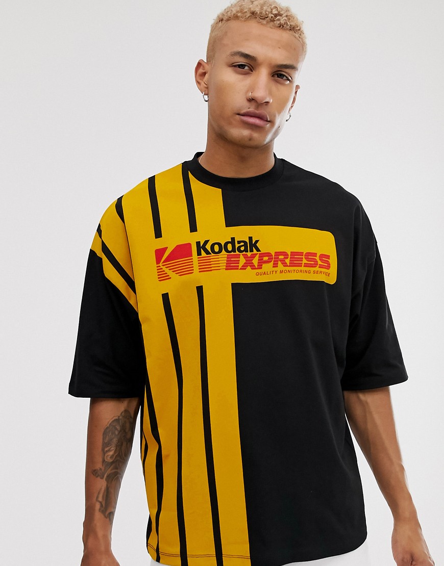 ASOS DESIGN - Kodak - Oversized T-shirt met gestreept paneel-Zwart