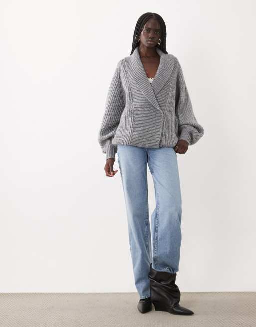 ASOS DESIGN kofta i oversize med sjalkrage i fuskpäls, gråmelerad, 2 av 4