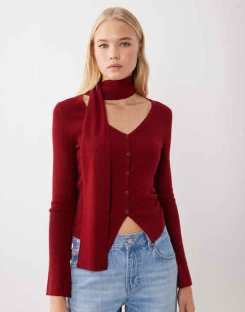 ASOS DESIGN kofta med v-ringning och scarf i rött - view 1