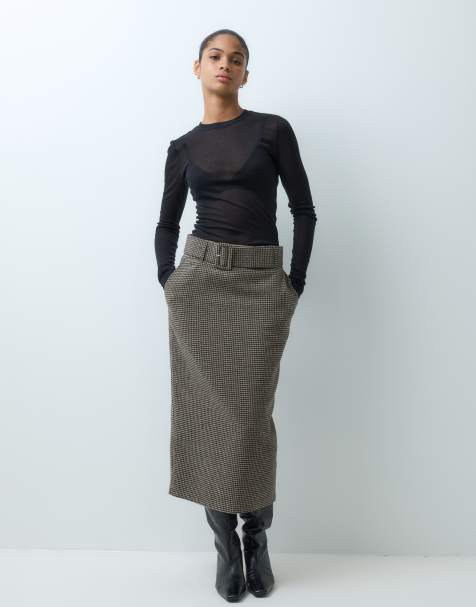ASOS DESIGN koker-midirok met riem in bruin wolruit - view 1