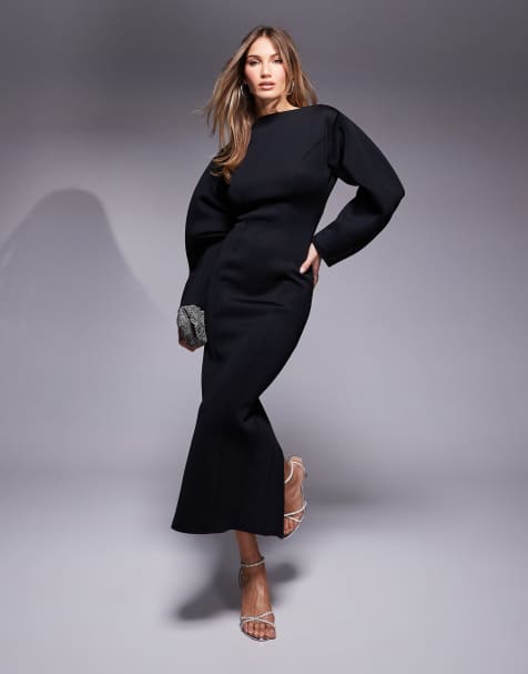 ASOS DESIGN - Kokerjurk van scubastof met bolle mouwen in zwart - view 1