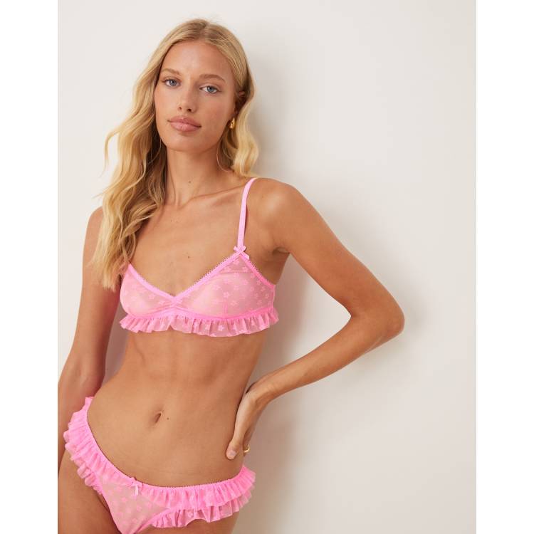 ASOS DESIGN Koko floral textured mesh ruffle soft bra in hot