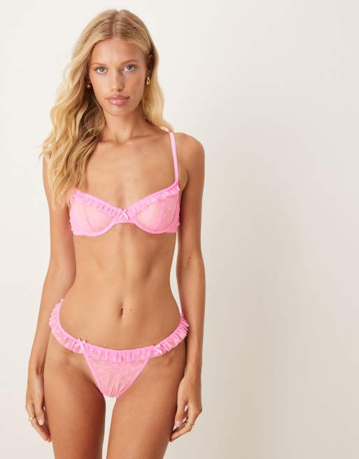 ASOS DESIGN - Koko - Lyserød bh med bøjle i mesh med tekstur og blomstermønster samt flæser, 4 af 4