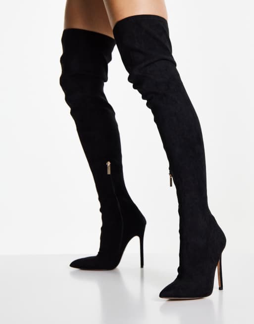 ASOS DESIGN - Koko - Over-de-knie-laarzen met hak in zwart micro