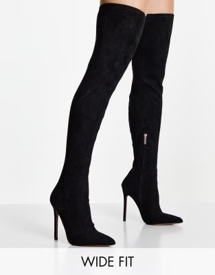 ASOS DESIGN - Koko - Overknee-Stiefel in Mikro-Schwarz mit Absatz und weiter Passform