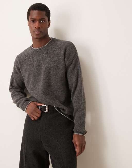 ASOS DESIGN - Koksgrå, afslappet og vamset striktrøje med kontrastfarvede tungesting