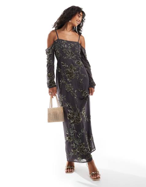 ASOS DESIGN - Koksgrå bardot-maxikjole med lange ærmer og udsmykning - view 1