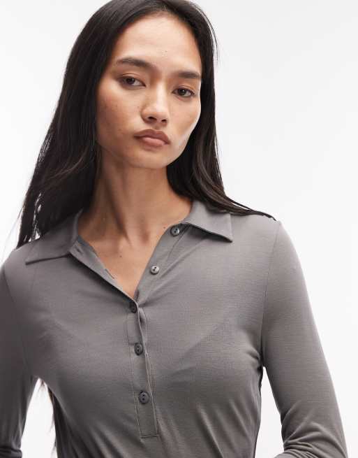 ASOS DESIGN - Koksgrå blød halvgennemsigtig poloskjorte med lange ærmer, 3 af 4