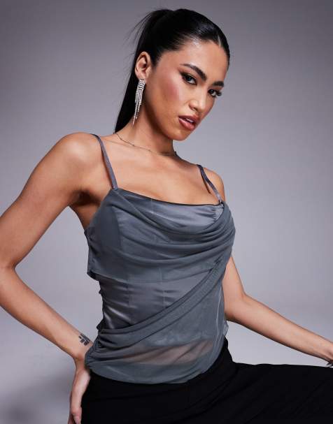 ASOS DESIGN - Koksgrå cami-top med drapering i mesh- og satinblanding - view 1