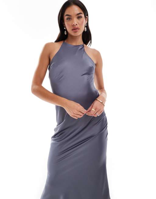 ASOS DESIGN - Koksgrå maxikjole med racerryg og skråsnit i satin