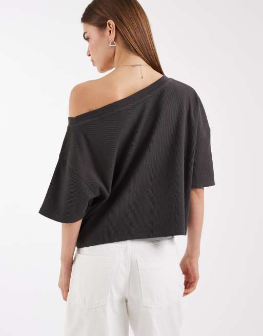ASOS DESIGN - Koksgrå offshoulder-T-shirt med firkantet pasform og vaffeltekstur, 3 af 4