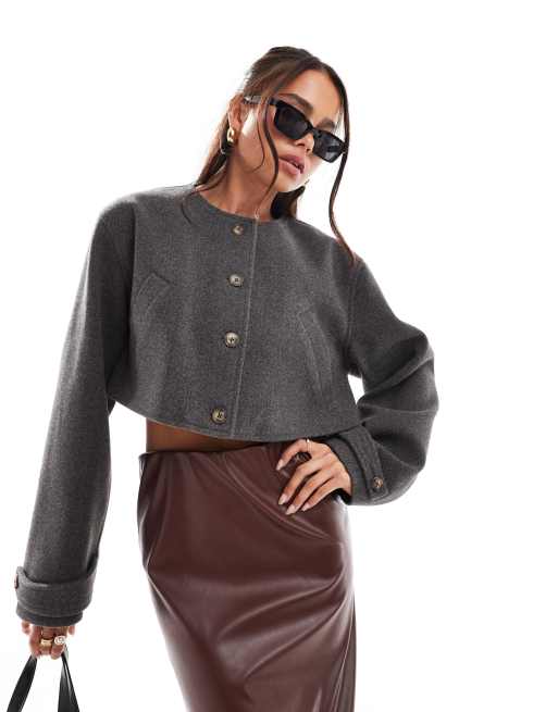 ASOS DESIGN - Koksgrå og cropped jakke i uldblanding uden krave
