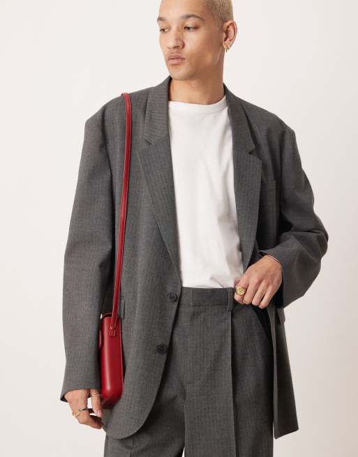 ASOS DESIGN - Koksgrå og højtaljede habitbukser med brede ben og sildebensmønster, 5 af 5
