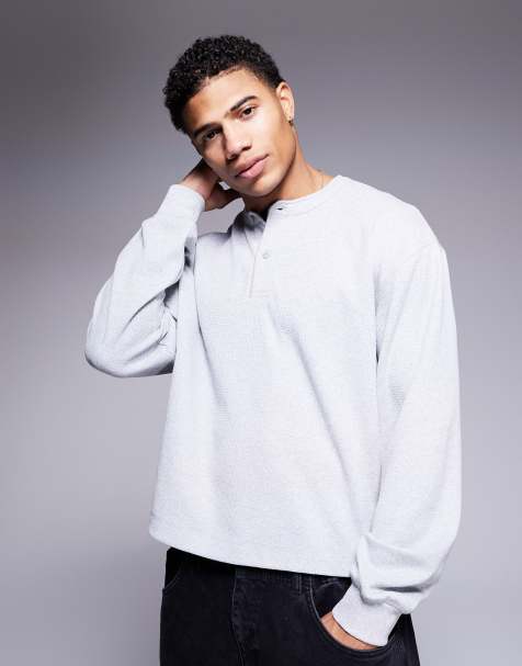 ASOS DESIGN - Koksgrå og langærmet T-shirt i oversized og firkantet pasform med Henley-krave og vaffeltekstur - view 1