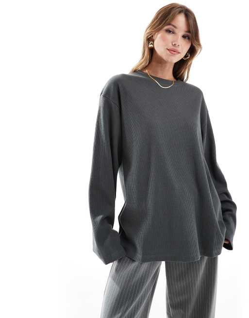 ASOS DESIGN - Koksgrå og oversized T-shirt med lange ærmer og vaffelstruktur