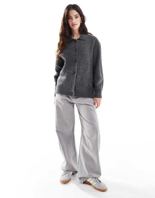 ASOS DESIGN - Koksgrå og strikket cardigan med krave i fluffy uldblanding, 3 af 4