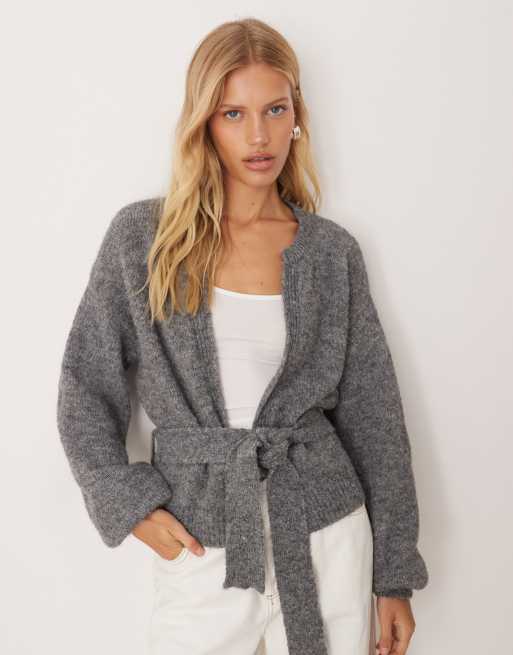 ASOS DESIGN - Koksgrå oversized cardigan med bindebånd i taljen i strikket uldblanding