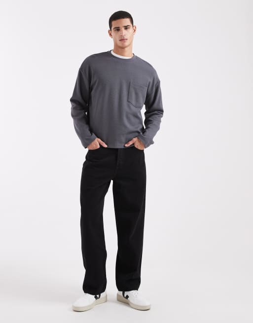 ASOS DESIGN - Koksgrå oversized firkantet langærmet T-shirt med lomme og vaffeltekstur , 2 af 5