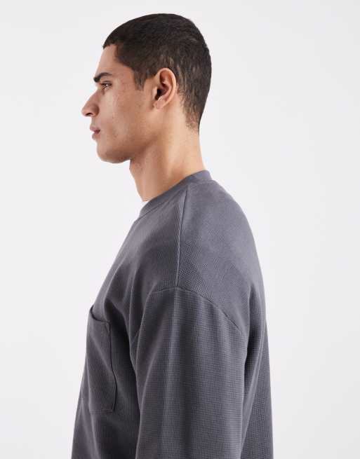 ASOS DESIGN - Koksgrå oversized firkantet langærmet T-shirt med lomme og vaffeltekstur , 4 af 5
