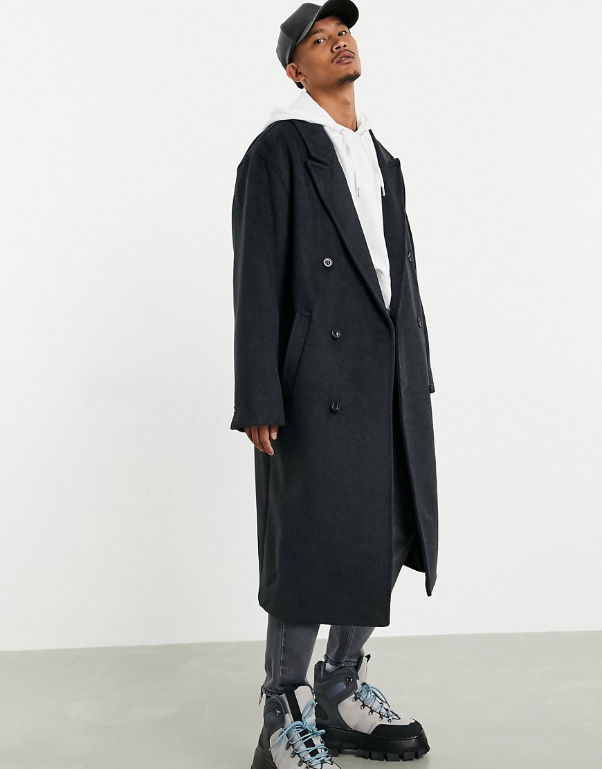 ASOS DESIGN - Koksgrå, oversized, longline overfrakke i uldblanding-Sort
