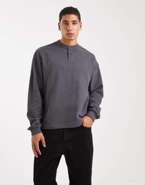 ASOS DESIGN - Koksgrå oversized T-shirt med henley-hals, lange ærmer og vaffeltekstur i firkantet pasform - view 1