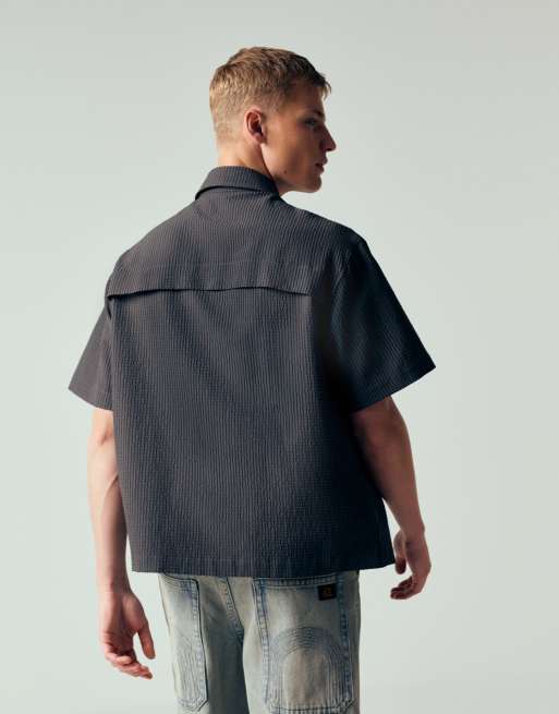 ASOS DESIGN - Koksgrå oversized utility-skjorte i seeersucker med tekstur og firkantet pasform, 3 af 12