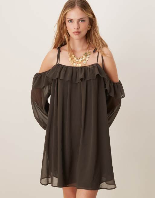 ASOS DESIGN - Koksgrå smock-minikjole med cold shoulder-snit, 2 af 4