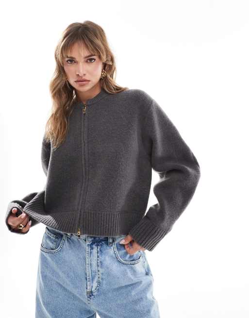 ASOS DESIGN - Koksgrå strikket bomber-jakke med rent snit og voluminøse ærmer