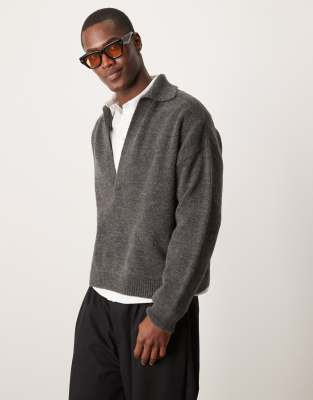 ASOS DESIGN - Koksgrå strikket oversized poloskjorte med hakrevers - view 1