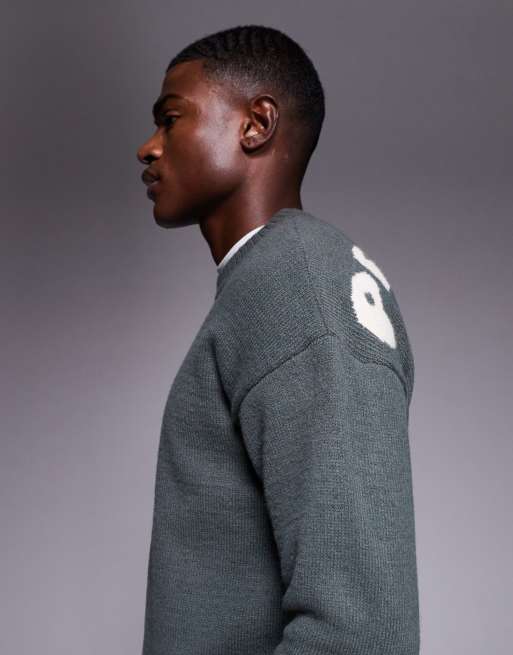 ASOS DESIGN - Koksgrå strikket oversized trøje med rund hals og 'Palermo'-print på ryggen, 4 af 5