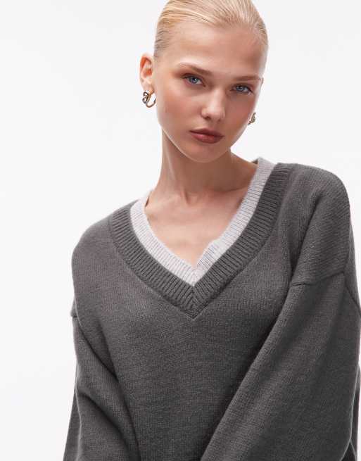 ASOS DESIGN - Koksgrå strikket trøje med V-hals i dobbeltlag, 4 af 4