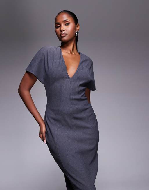 ASOS DESIGN - Koksgrå struktureret midikjole med V-hals, korte ærmer og sømdetaljer, 4 af 4