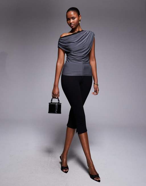 ASOS DESIGN - Koksgrå tætsiddende oneshoulder-top med blondekant, 3 af 4