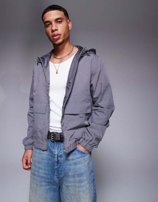 ASOS DESIGN windbreaker jacket with hood in charcoal