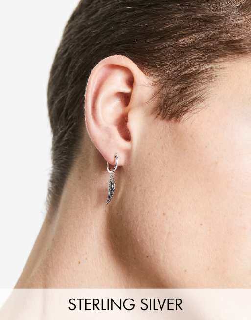 ASOS DESIGN – Kolczyki kółka ze srebra wysokiej próby w kolorze oksydowanego srebra z zawieszką w kształcie anielskiego skrzydła