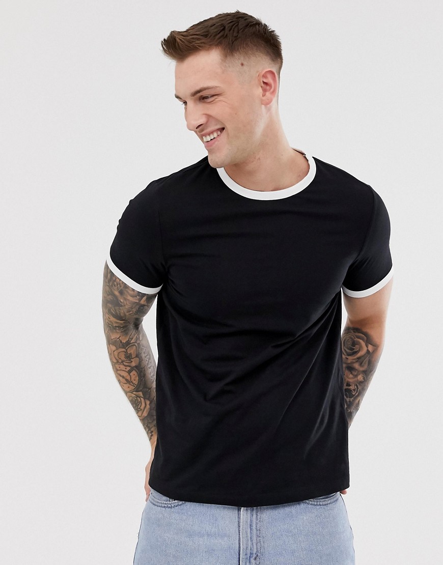 ASOS DESIGN - økologisk t-shirt i sort med hvide kontrastfarvet ringe