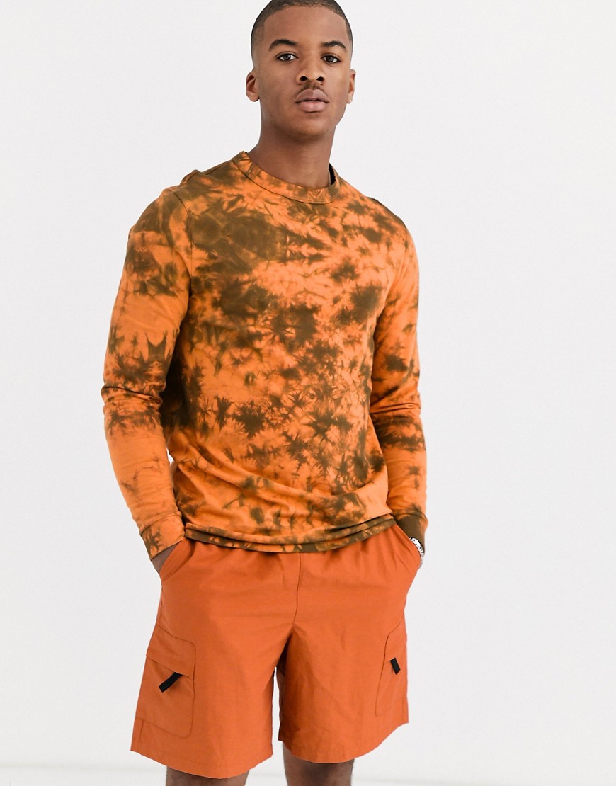 ASOS DESIGN - økologisk t-shirt med lange ærmer i rustfarvet batik-Orange