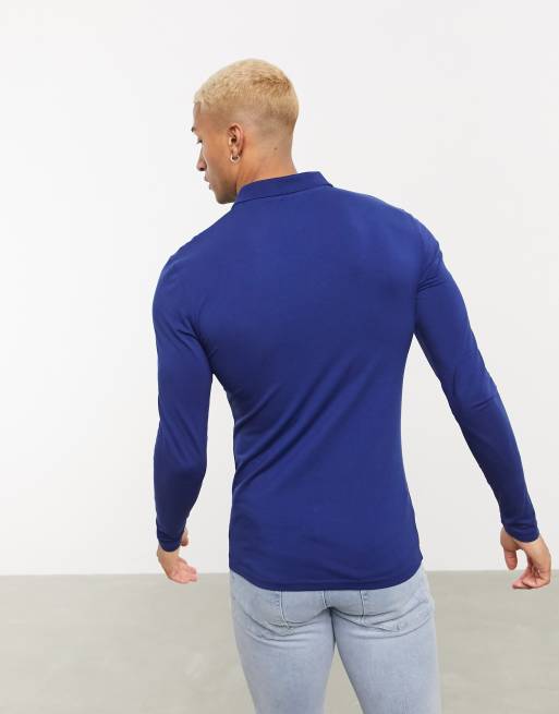 ASOS DESIGN - Økologisk tætsiddende jerseypolo med lange ærmer i blå, 2 af 4