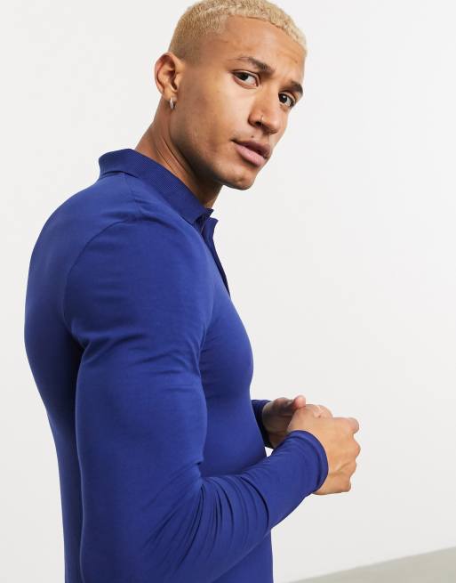 ASOS DESIGN - Økologisk tætsiddende jerseypolo med lange ærmer i blå, 3 af 4