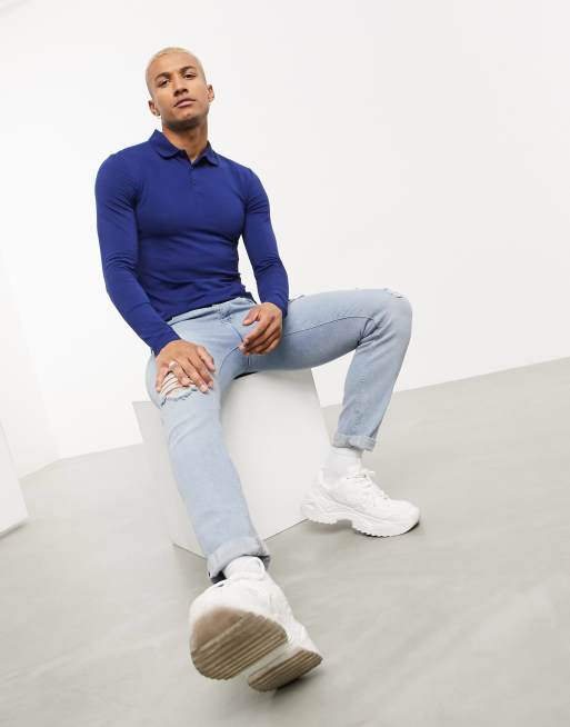 ASOS DESIGN - Økologisk tætsiddende jerseypolo med lange ærmer i blå, 4 af 4