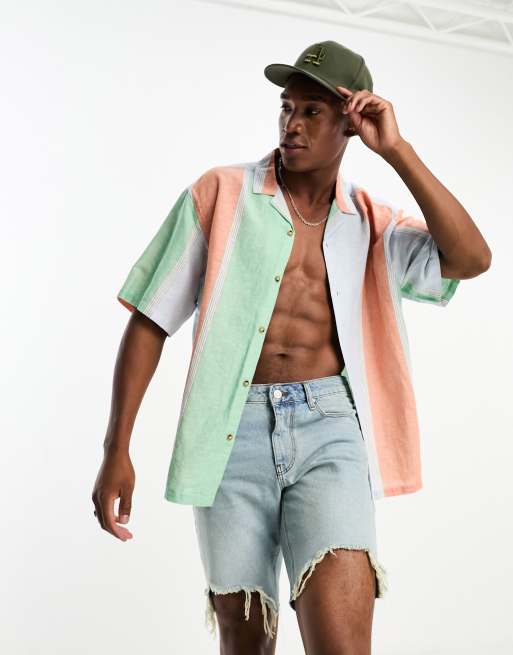 ASOS DESIGN – Kolorowa pudełkowa koszula oversize z kołnierzykiem kubańskim z domieszką lnu w paski