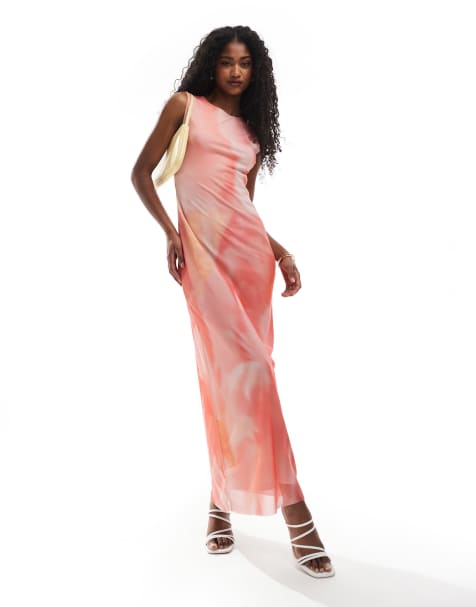 ASOS DESIGN – Kolorowa siateczkowa sukienka maxi w kwiaty z dekoltem w łódkę - view 1