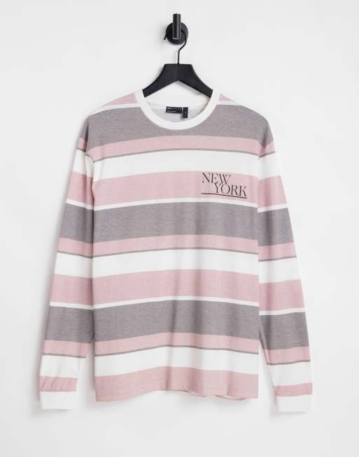 ASOS DESIGN – Kolorowy T-shirt w paski o luźnym kroju z długimi rękawami z nadrukiem nazwy miasta na piersi