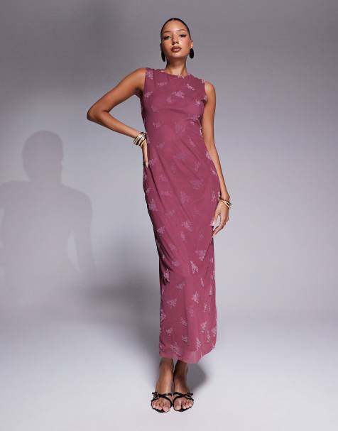 ASOS DESIGN – Kolumnowa sukienka maxi z zabudowanym dekoltem i kwiatowym wzorem devore w zgaszonym różowym kolorze - view 1