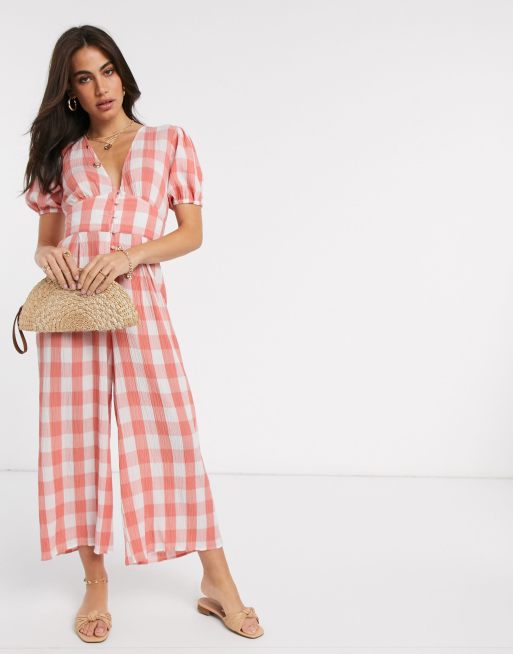 ASOS DESIGN – Kombinezon o fasonie z bufiastymi rękawkami z marszczonego materiału w kratę vichy