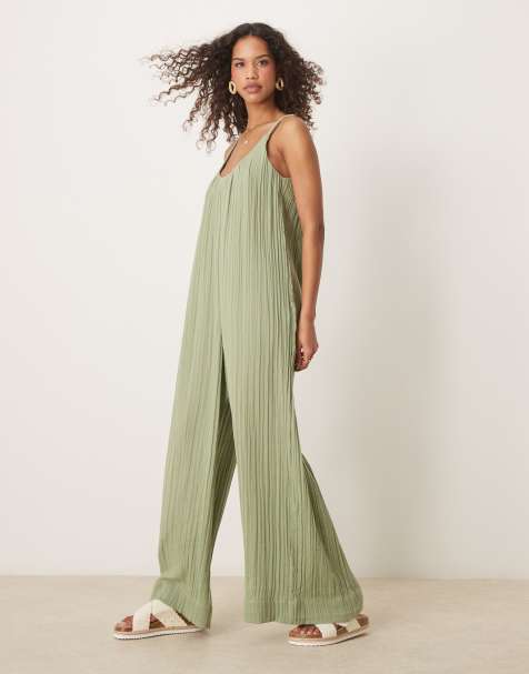 ASOS DESIGN – Kombinezon w kolorze khaki z dekoltem U i wiązanymi plecionymi ramiączkami - view 1