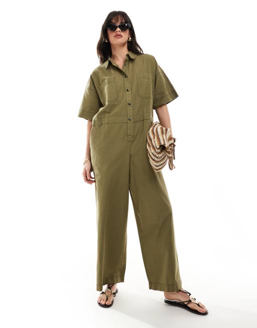 ASOS DESIGN – Kombinezon z imitacji lnu w kolorze khaki z kontrastowym szwem